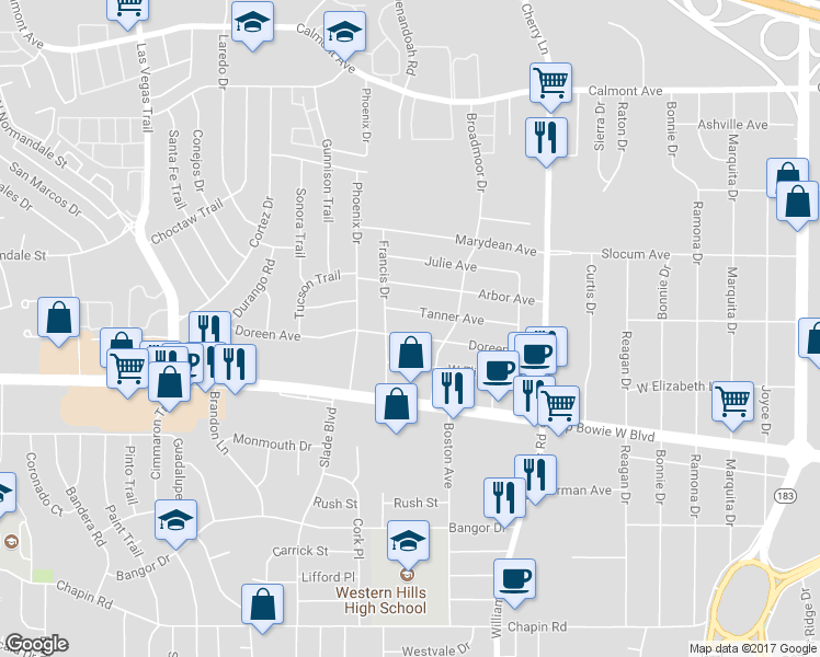 map of restaurants, bars, coffee shops, grocery stores, and more near 8127 Doreen Avenue in Fort Worth