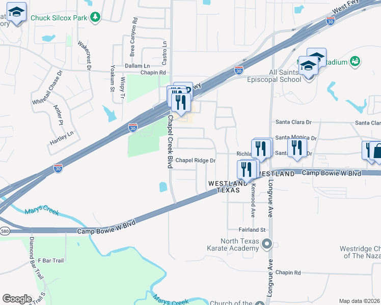 map of restaurants, bars, coffee shops, grocery stores, and more near 3351 Chapel Pointe Trail in Fort Worth