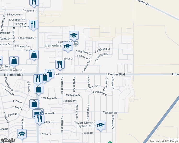 map of restaurants, bars, coffee shops, grocery stores, and more near 1502 East Bender Boulevard in Hobbs