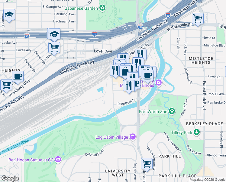 map of restaurants, bars, coffee shops, grocery stores, and more near 1700 Rogers Road in Fort Worth