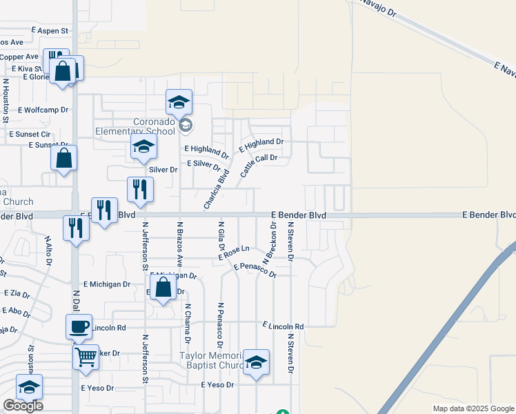 map of restaurants, bars, coffee shops, grocery stores, and more near 2220 North Thomas Drive in Hobbs
