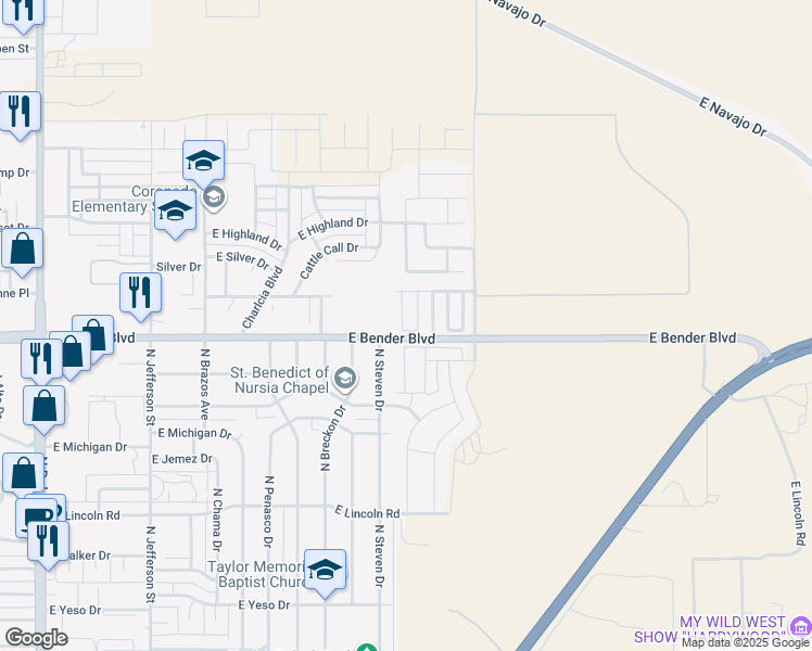 map of restaurants, bars, coffee shops, grocery stores, and more near 2302 North Mimosa Lane in Hobbs