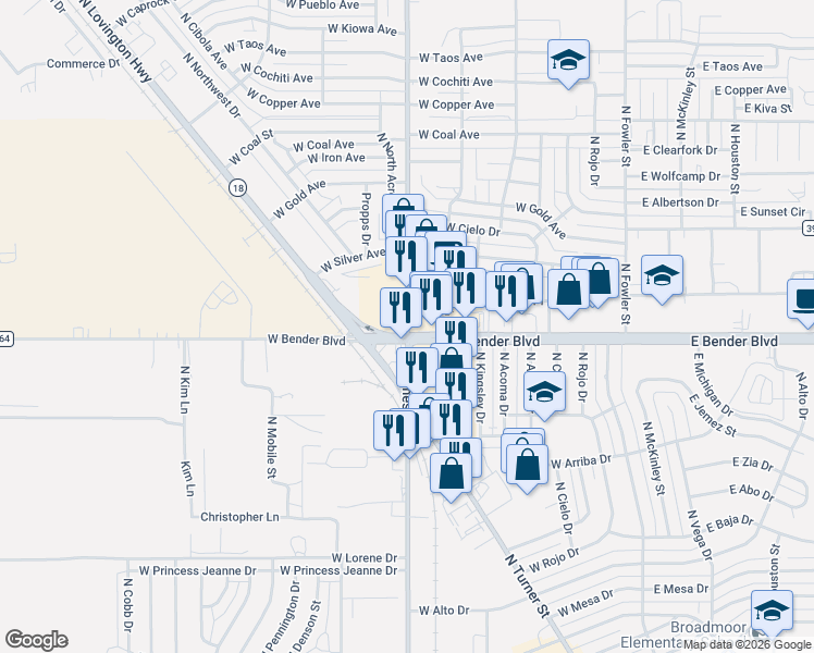 map of restaurants, bars, coffee shops, grocery stores, and more near 799 West Bender Boulevard in Hobbs