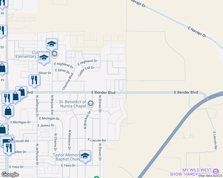 map of restaurants, bars, coffee shops, grocery stores, and more near 2302 North Desert Willow Lane in Hobbs