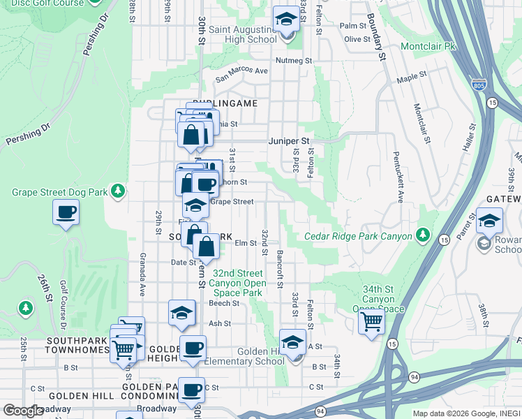 map of restaurants, bars, coffee shops, grocery stores, and more near 1902 32nd Street in San Diego