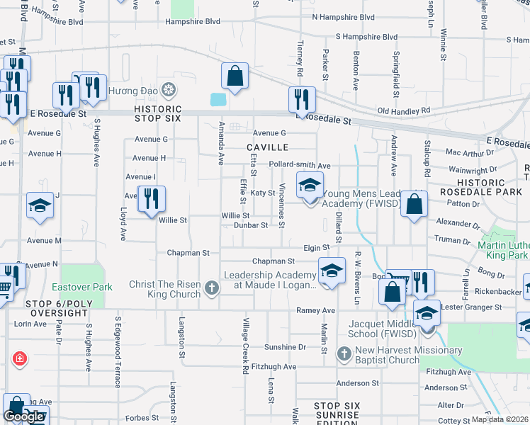 map of restaurants, bars, coffee shops, grocery stores, and more near 5004 Dunbar Street in Fort Worth