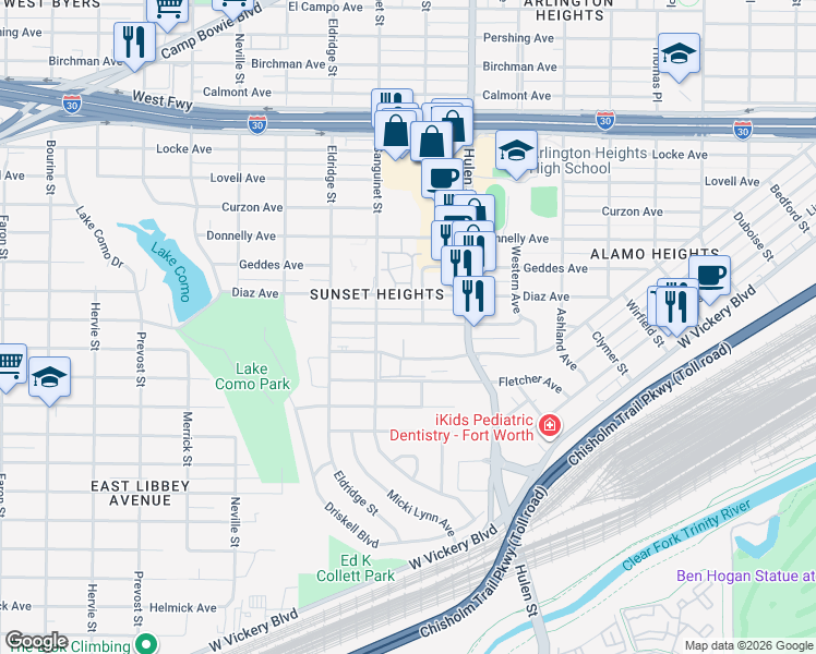 map of restaurants, bars, coffee shops, grocery stores, and more near 4711 Houghton Avenue in Fort Worth