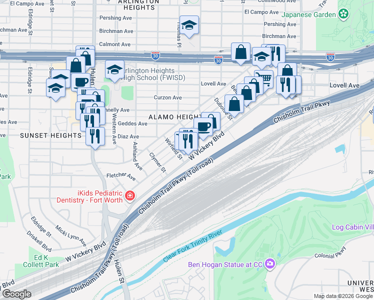 map of restaurants, bars, coffee shops, grocery stores, and more near 4236 West Vickery Boulevard in Fort Worth