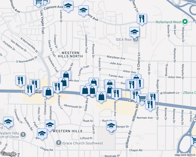 map of restaurants, bars, coffee shops, grocery stores, and more near 3305 Phoenix Drive in Fort Worth