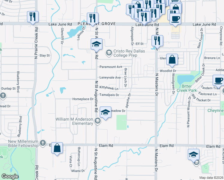 map of restaurants, bars, coffee shops, grocery stores, and more near 9738 Kittyhawk Lane in Dallas