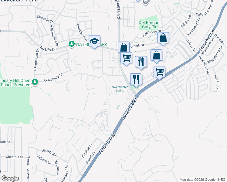 map of restaurants, bars, coffee shops, grocery stores, and more near 2648 Sweetwater Springs Boulevard in Spring Valley