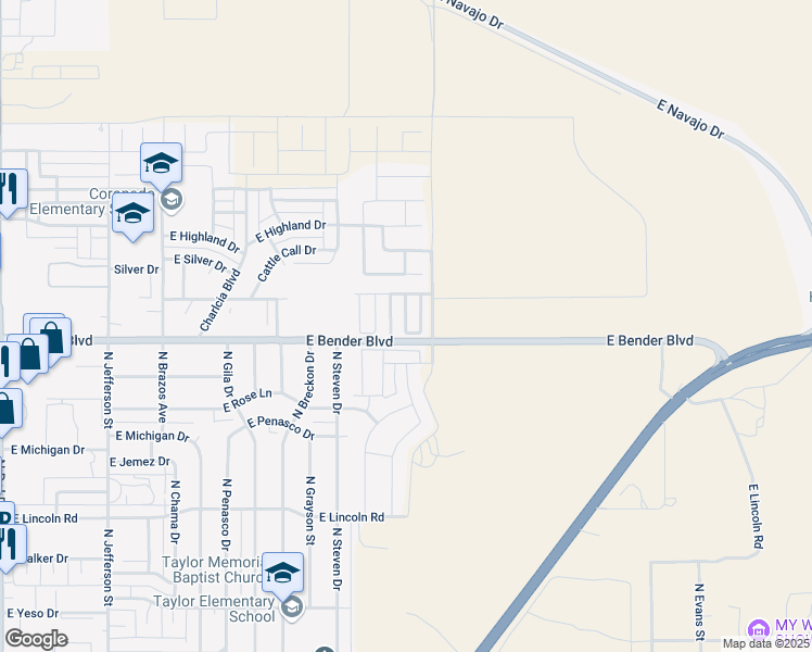 map of restaurants, bars, coffee shops, grocery stores, and more near 2318 North Juniper Lane in Hobbs
