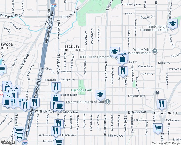 map of restaurants, bars, coffee shops, grocery stores, and more near 1801 Michigan Avenue in Dallas