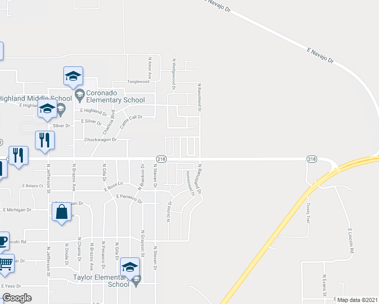 map of restaurants, bars, coffee shops, grocery stores, and more near 2307 North Juniper Lane in Hobbs