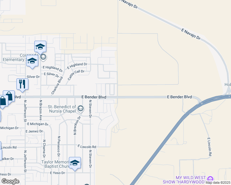 map of restaurants, bars, coffee shops, grocery stores, and more near 2302 North Mulberry Lane in Hobbs