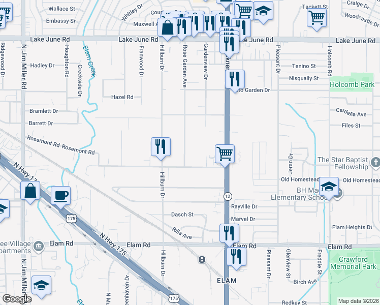 map of restaurants, bars, coffee shops, grocery stores, and more near 7927 Rosemont Road in Dallas