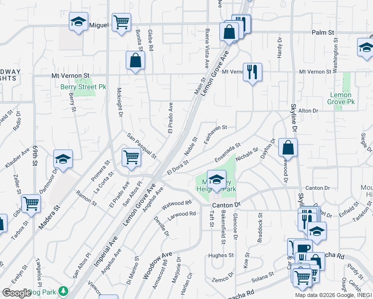 map of restaurants, bars, coffee shops, grocery stores, and more near 1928 Noble Street in Lemon Grove