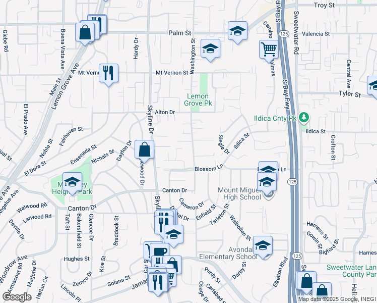 map of restaurants, bars, coffee shops, grocery stores, and more near 1817 Lebuan Drive in Lemon Grove