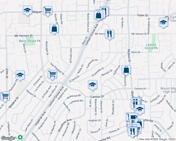 map of restaurants, bars, coffee shops, grocery stores, and more near 1902 Ensenada Street in Lemon Grove