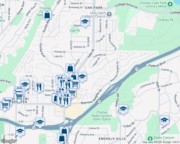 map of restaurants, bars, coffee shops, grocery stores, and more near 5423 Grape Street in San Diego