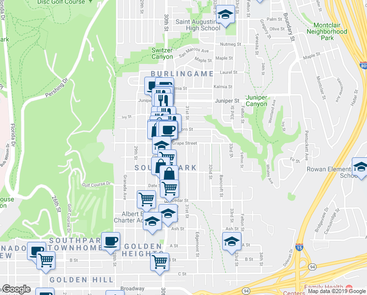 map of restaurants, bars, coffee shops, grocery stores, and more near 1902 31st Street in San Diego