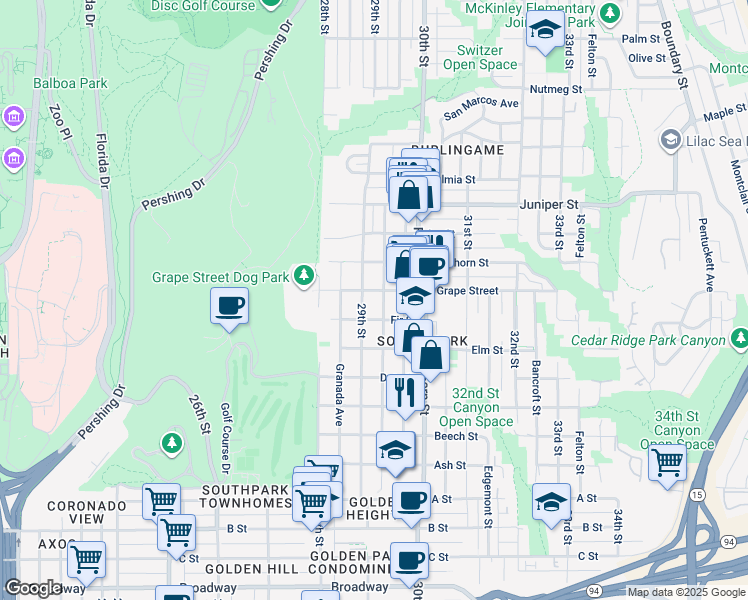 map of restaurants, bars, coffee shops, grocery stores, and more near 2890 Fir Street in San Diego