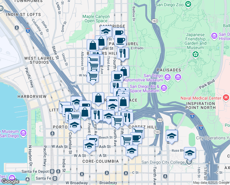 map of restaurants, bars, coffee shops, grocery stores, and more near in San Diego