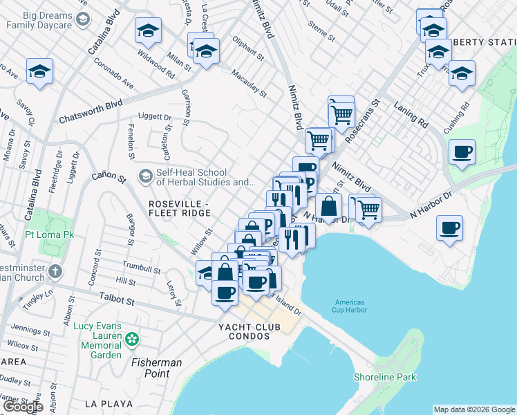 map of restaurants, bars, coffee shops, grocery stores, and more near 3130 Emerson Street in San Diego