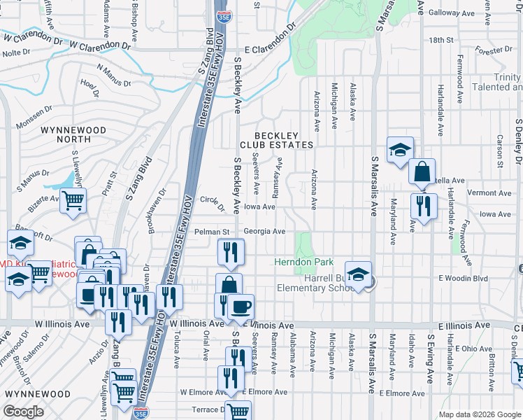 map of restaurants, bars, coffee shops, grocery stores, and more near 1823 Seevers Avenue in Dallas