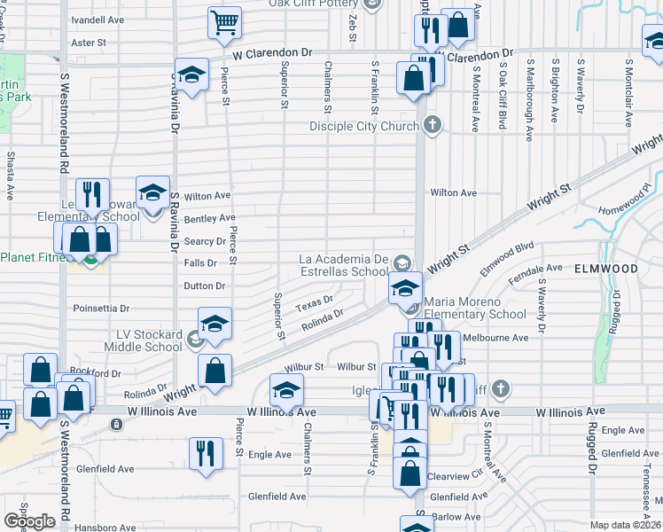 map of restaurants, bars, coffee shops, grocery stores, and more near 2608 Poinsettia Drive in Dallas