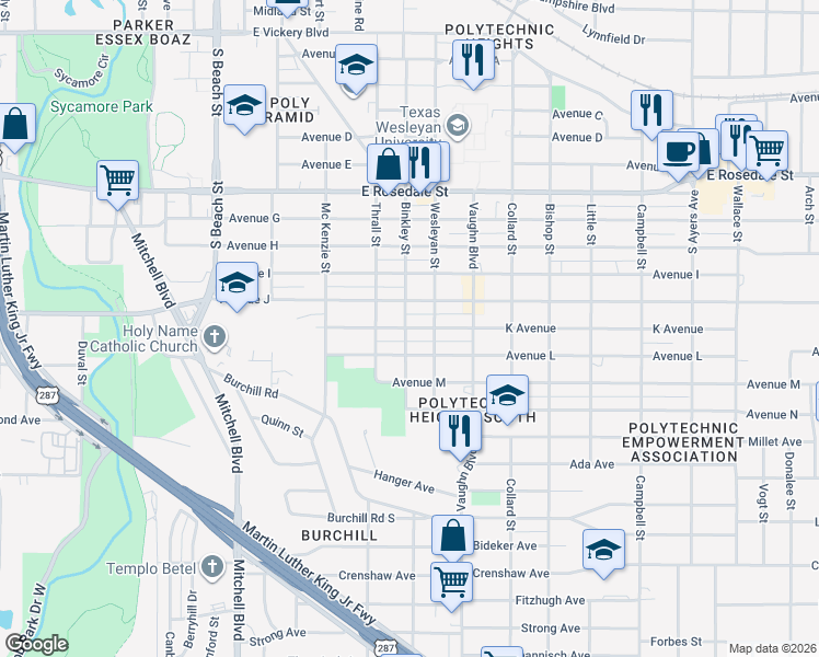 map of restaurants, bars, coffee shops, grocery stores, and more near 2921 Avenue L in Fort Worth