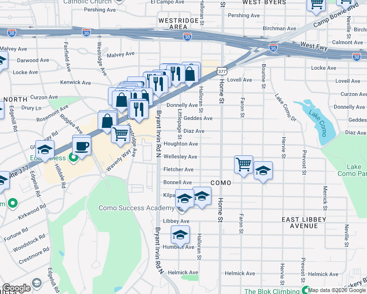map of restaurants, bars, coffee shops, grocery stores, and more near 5837 Wellesley Avenue in Fort Worth