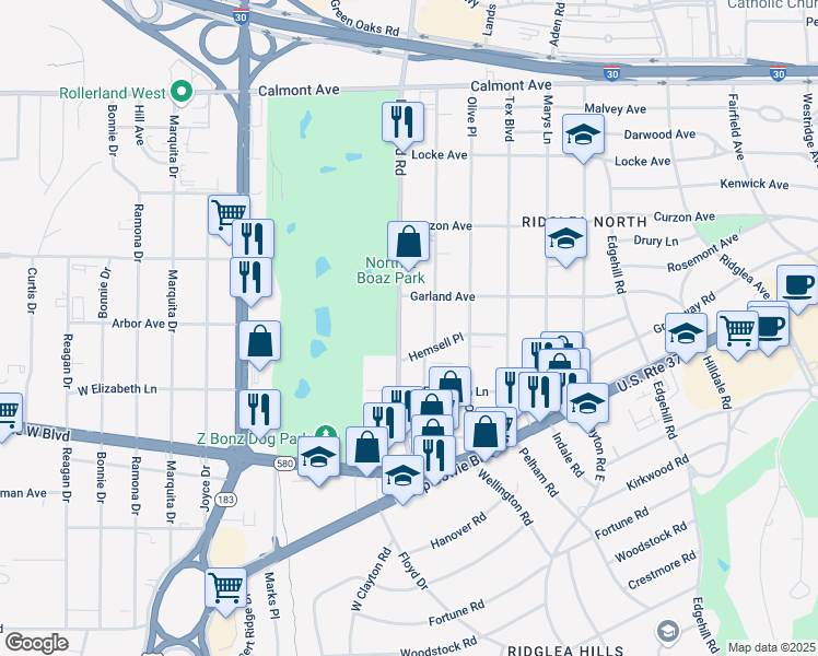 map of restaurants, bars, coffee shops, grocery stores, and more near 6732 Hemsell Place in Fort Worth
