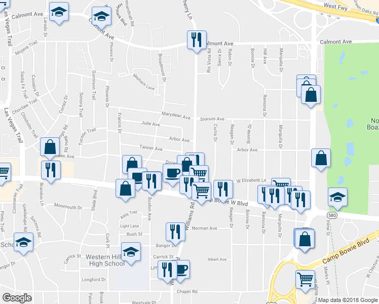 map of restaurants, bars, coffee shops, grocery stores, and more near 3263 Karen Street in Fort Worth