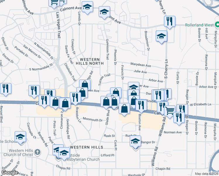 map of restaurants, bars, coffee shops, grocery stores, and more near 8313 Doreen Avenue in Fort Worth