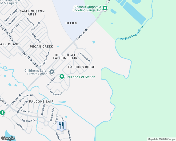 map of restaurants, bars, coffee shops, grocery stores, and more near 2216 Hummingbird Way in Mesquite