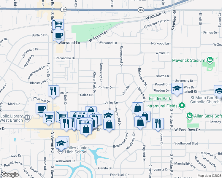 map of restaurants, bars, coffee shops, grocery stores, and more near 2012 Easy Street in Arlington