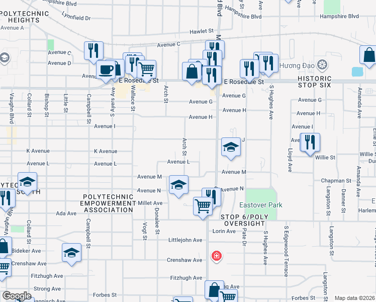 map of restaurants, bars, coffee shops, grocery stores, and more near 4105 Avenue L in Fort Worth