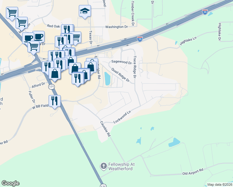 map of restaurants, bars, coffee shops, grocery stores, and more near 525 Paloma St in Weatherford