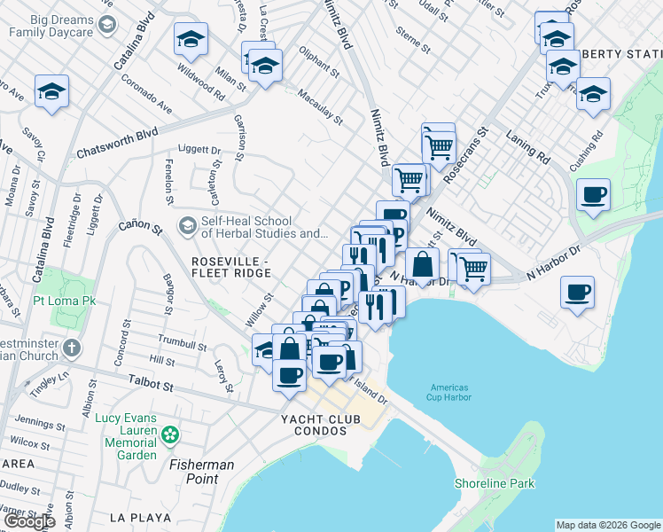 map of restaurants, bars, coffee shops, grocery stores, and more near 3130 Emerson Street in San Diego