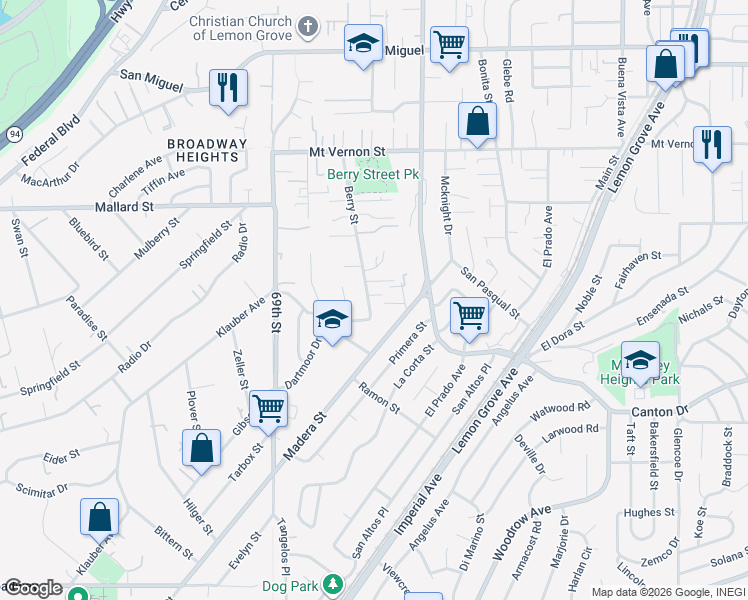 map of restaurants, bars, coffee shops, grocery stores, and more near 1935 Berry Street in Lemon Grove