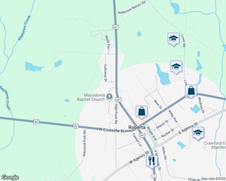map of restaurants, bars, coffee shops, grocery stores, and more near 521 North Dugger Avenue in Roberta