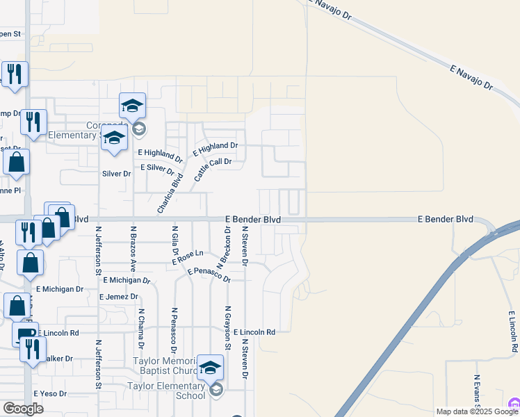 map of restaurants, bars, coffee shops, grocery stores, and more near 2306 North Mimosa Lane in Hobbs
