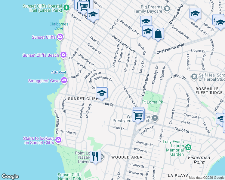 map of restaurants, bars, coffee shops, grocery stores, and more near 1060 Alexandria Drive in San Diego