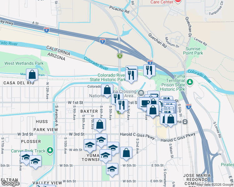 map of restaurants, bars, coffee shops, grocery stores, and more near 498 West 1st Street in Yuma