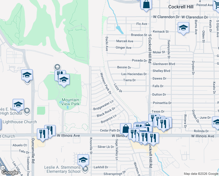 map of restaurants, bars, coffee shops, grocery stores, and more near 1906 Western Park Drive in Dallas