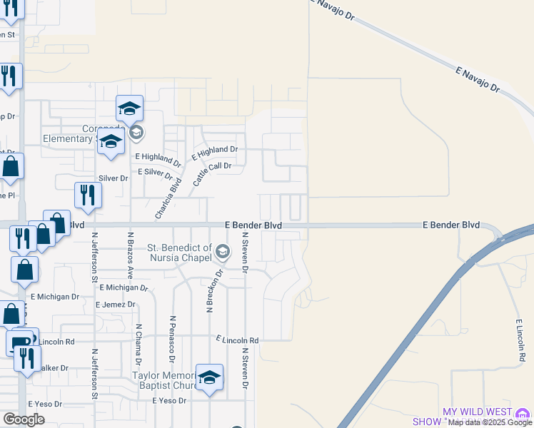 map of restaurants, bars, coffee shops, grocery stores, and more near 2307 North Desert Willow Lane in Hobbs