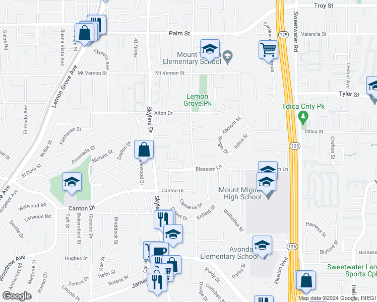 map of restaurants, bars, coffee shops, grocery stores, and more near 1908 Washington Street in Lemon Grove