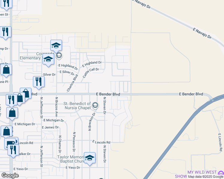 map of restaurants, bars, coffee shops, grocery stores, and more near 2306 North Mimosa Lane in Hobbs