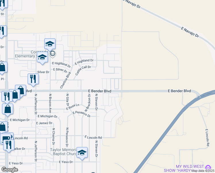 map of restaurants, bars, coffee shops, grocery stores, and more near 2306 North Desert Willow Lane in Hobbs